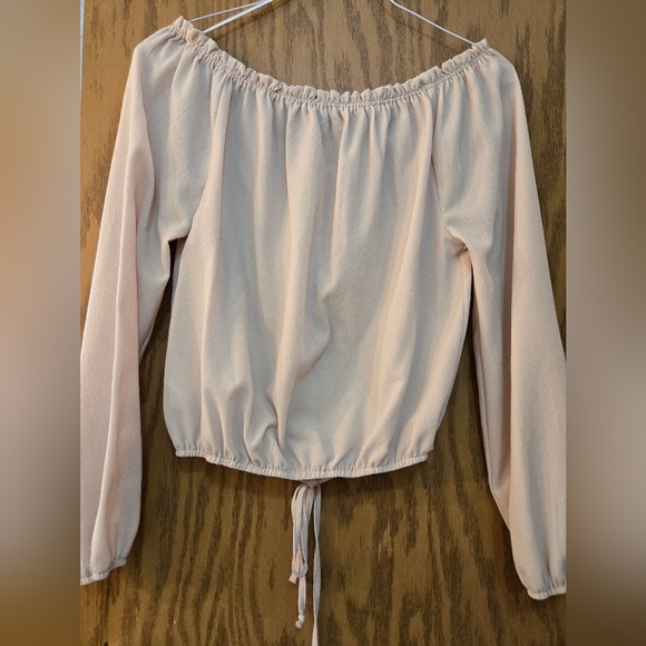 Pretty light tan, long sleeve peasant blouse with elastic waist and at wrists. - Picture 3 of 5